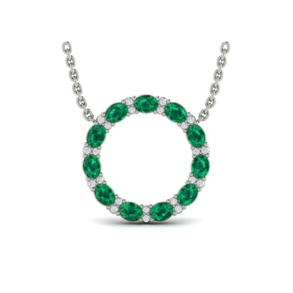 Oval Emerald and Diamond Open Circle Pendant Necklace