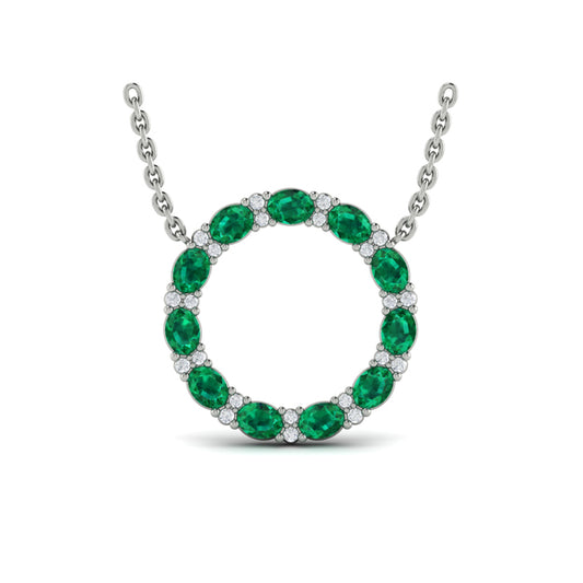 Oval Emerald and Diamond Open Circle Pendant Necklace