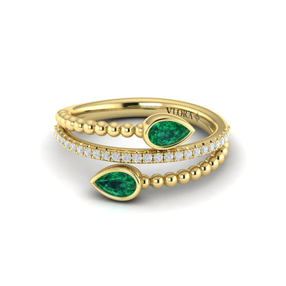 Double Pear Shaped Emerald and Diamond Wrap Ring
