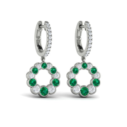 Round Bezel Set Diamond and Emerald Circle Drop Earring