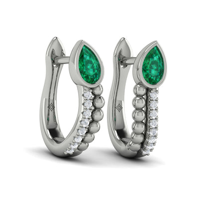 Pear Shaped Bezel Set Emerald and Diamond Huggie Earrings