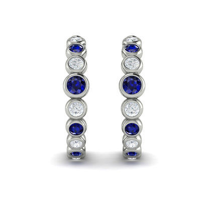 Round Bezel Set Diamond and Sapphire Circle Hoop Earring