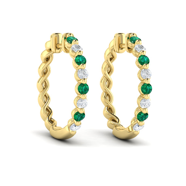 Diamond and Emerald  Twist Hoop Earrings