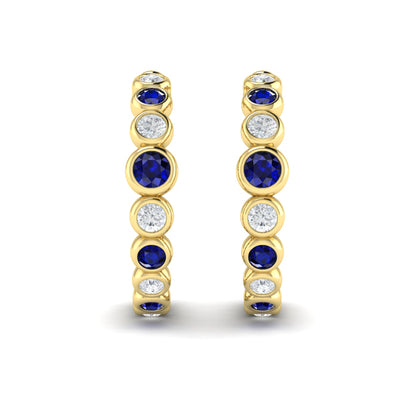 Round Bezel Set Diamond and Sapphire Circle Hoop Earring