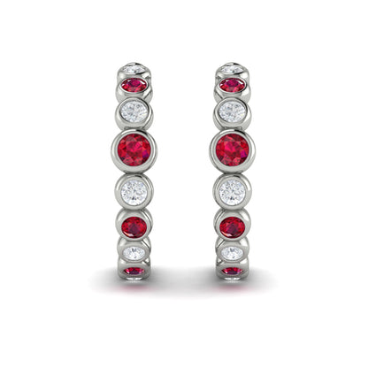 Round Bezel Set Diamond and Ruby Circle Hoop Earring