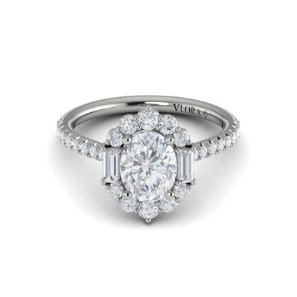 Oval Halo Engagement Ring in Platinum by Vlora Bridal
