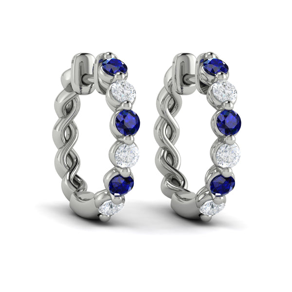 Diamond and Blue Sapphire  Twist Hoop Earrings