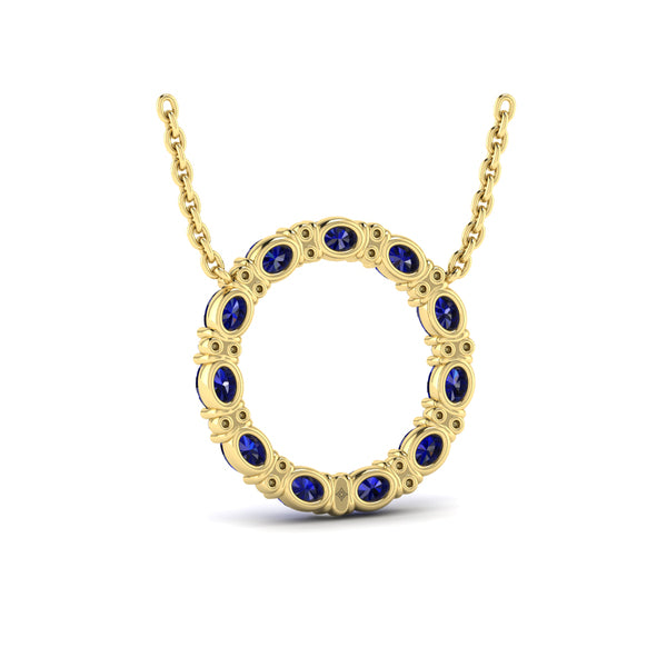 Oval Blue Sapphire and Diamond Open Circle Pendant Necklace