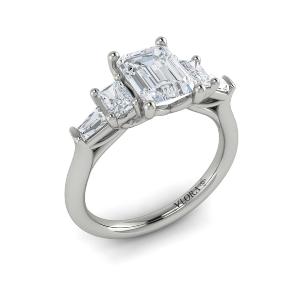 Emerald Cut Classic, Three Stone Engagement Ring in Platinum by Vlora Bridal