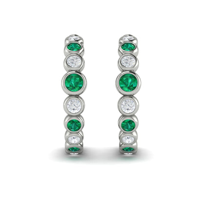 Round Bezel Set Diamond and Emerald Circle Hoop Earring