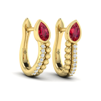 Pear Shaped Bezel Set Ruby and Diamond Huggie Earrings