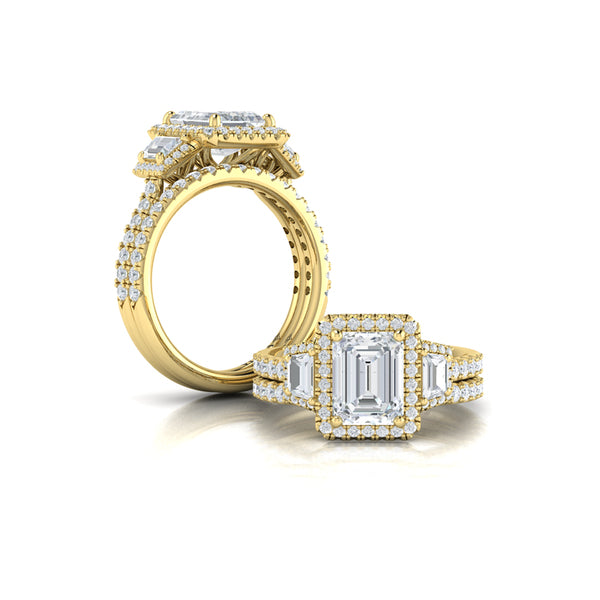 Trio Emerald Cut Halo Engagement Ring