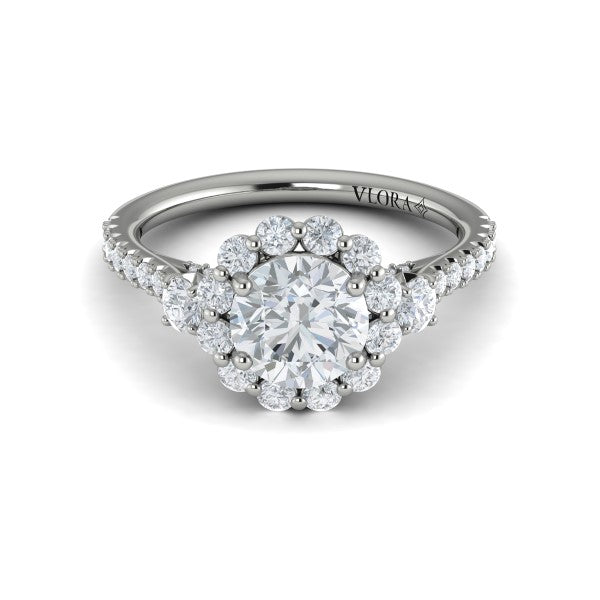 Round Three Stone, Halo Engagement Ring in Platinum by Vlora Bridal