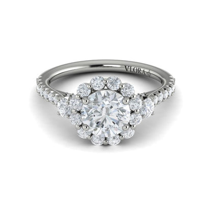 Round Three Stone, Halo Engagement Ring in Platinum by Vlora Bridal