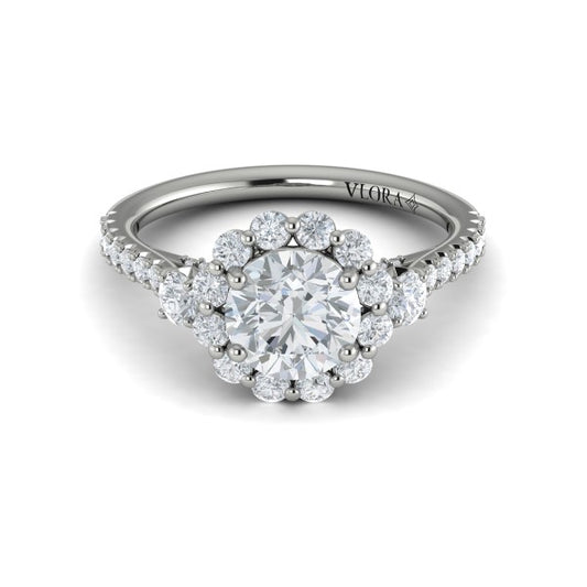 Round Three Stone, Halo Engagement Ring in Platinum by Vlora Bridal