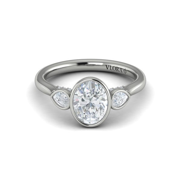 Oval Three Stone, Bezel Engagement Ring in Platinum by Vlora Bridal