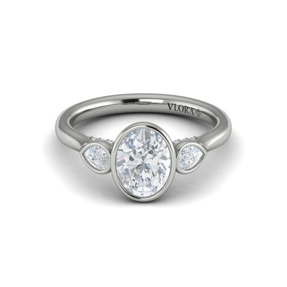 Oval Three Stone, Bezel Engagement Ring in Platinum by Vlora Bridal