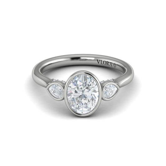 Oval Three Stone, Bezel Engagement Ring in Platinum by Vlora Bridal