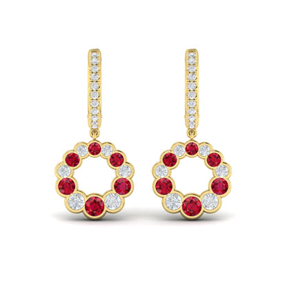 Round Bezel Set Diamond and Ruby Circle Drop Earring