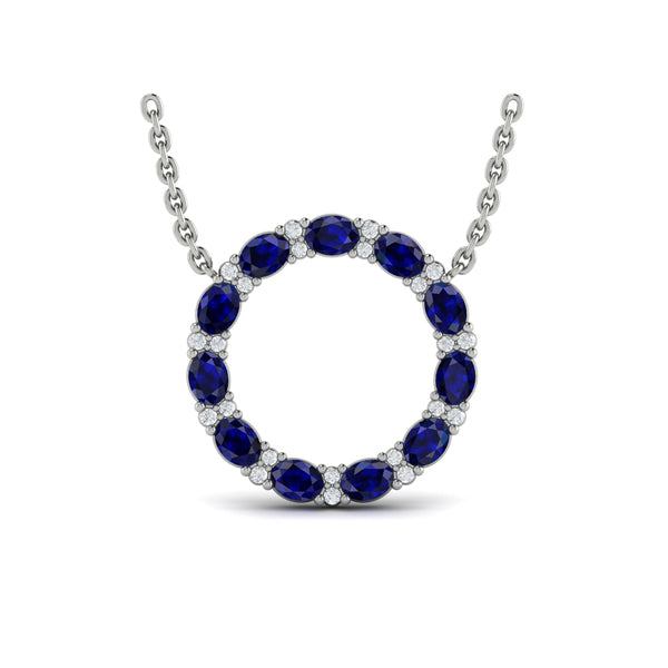 Oval Blue Sapphire and Diamond Open Circle Pendant Necklace
