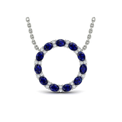 Oval Blue Sapphire and Diamond Open Circle Pendant Necklace