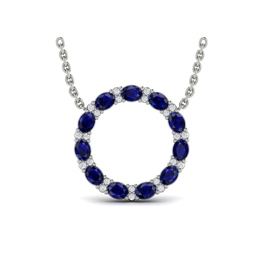 Oval Blue Sapphire and Diamond Open Circle Pendant Necklace