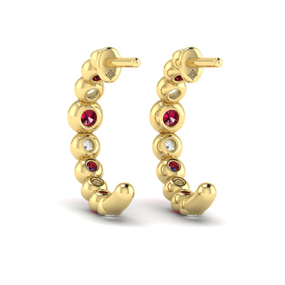 Round Bezel Set Diamond and Ruby Circle Hoop Earring