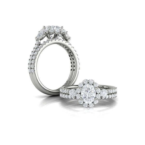 Blossom Halo Oval Engagement Ring with Pear Side Diamonds