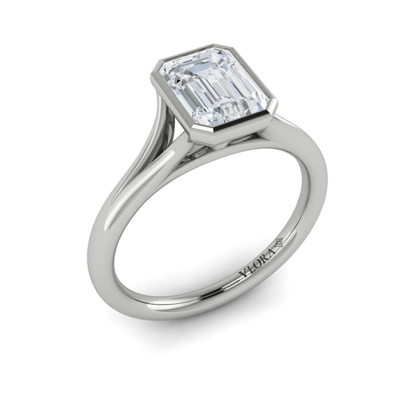 Emerald Cut Classic, Bezel, Split Shank Engagement Ring in Platinum by Vlora Bridal