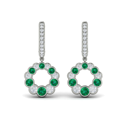 Round Bezel Set Diamond and Emerald Circle Drop Earring