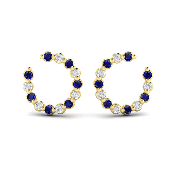 Forward-facing Diamond and Blue Sapphire  Open Hoop Earrings