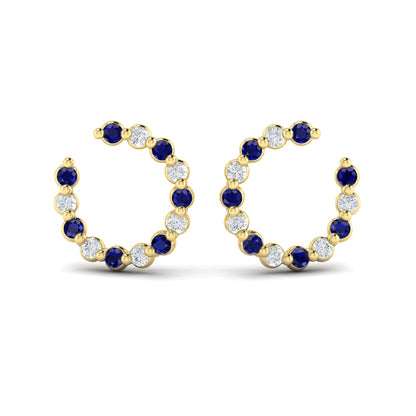 Forward-facing Diamond and Blue Sapphire  Open Hoop Earrings