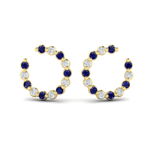 Forward-facing Diamond and Blue Sapphire  Open Hoop Earrings