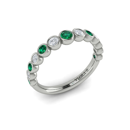 Round Bezel Set Diamond and Emerald Ring