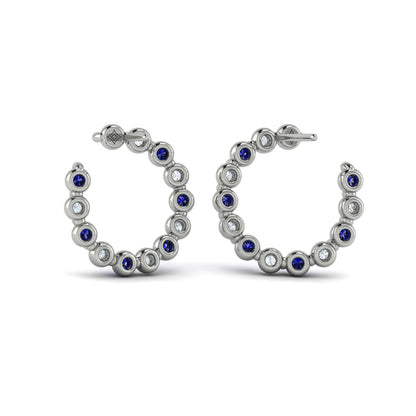 Forward-facing Diamond and Blue Sapphire  Open Hoop Earrings