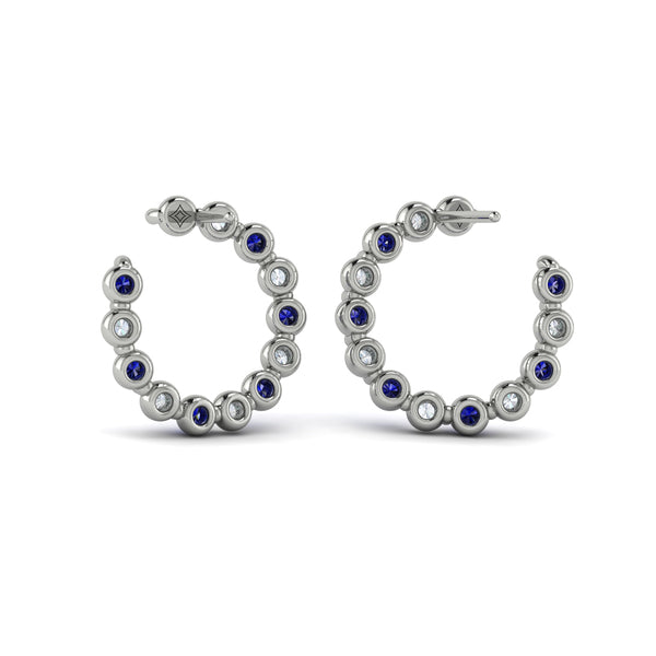 Forward-facing Diamond and Blue Sapphire  Open Hoop Earrings