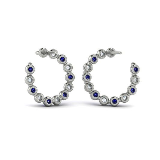 Forward-facing Diamond and Blue Sapphire  Open Hoop Earrings