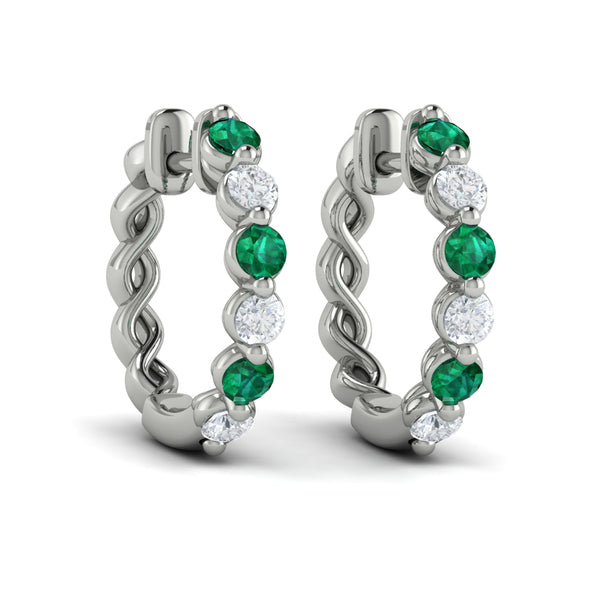 Diamond and Emerald  Twist Hoop Earrings