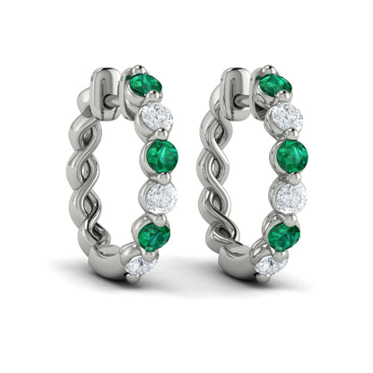 Diamond and Emerald  Twist Hoop Earrings