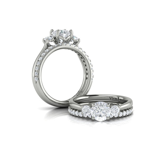 Round Three Stone Engagement Ring in 14K White Gold by Vlora Bridal