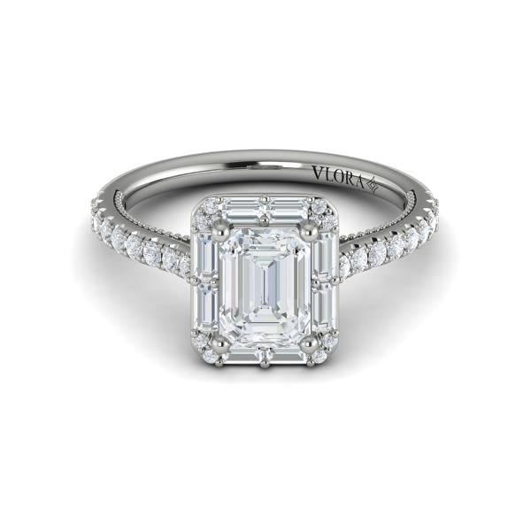 Emerald Cut Halo, Modern Vintage Engagement Ring in Platinum by Vlora Bridal