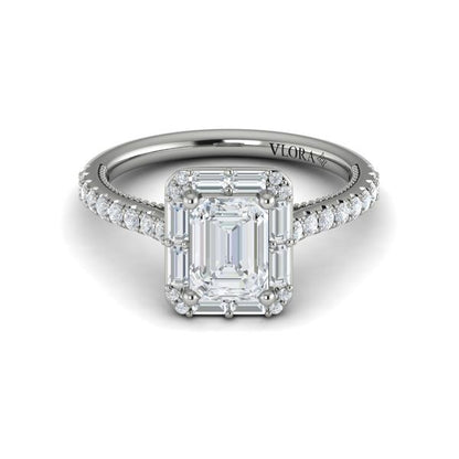 Emerald Cut Halo, Modern Vintage Engagement Ring in Platinum by Vlora Bridal