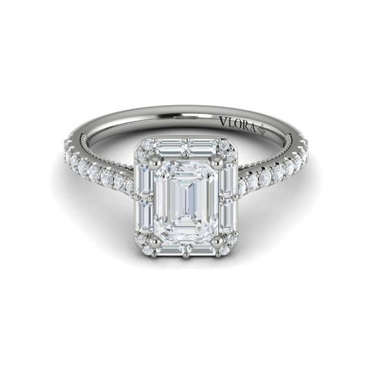 Emerald Cut Halo, Modern Vintage Engagement Ring in Platinum by Vlora Bridal