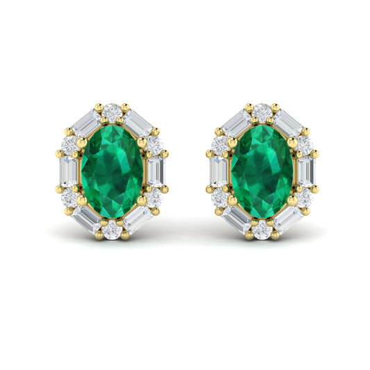 Oval Emerald and Diamond Baguette Earrings
