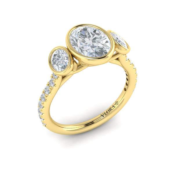 Oval Three Stone, Bezel Engagement Ring in 14K Yellow Gold by Vlora Bridal