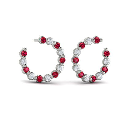 Forward-facing Diamond and Ruby Open Hoop Earrings
