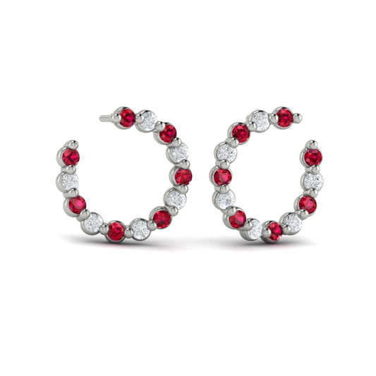 Forward-facing Diamond and Ruby Open Hoop Earrings