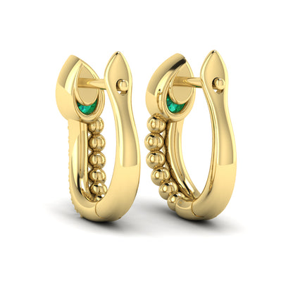 Pear Shaped Bezel Set Emerald and Diamond Huggie Earrings