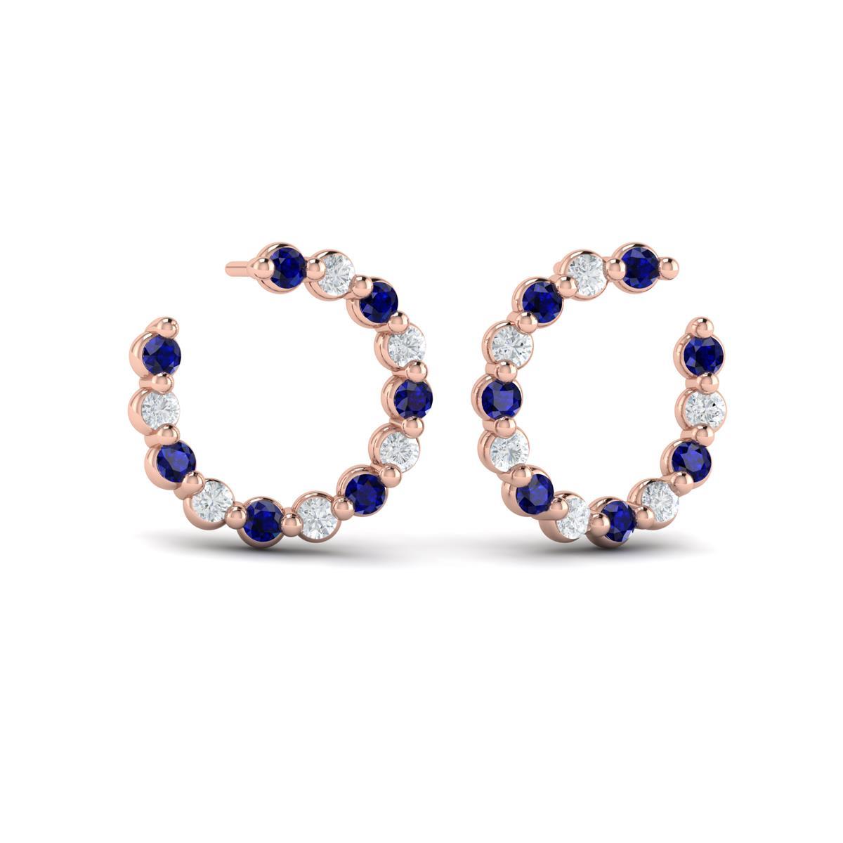 Forward-facing Diamond and Blue Sapphire  Open Hoop Earrings