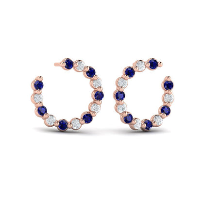 Forward-facing Diamond and Blue Sapphire  Open Hoop Earrings